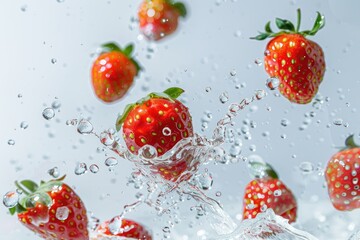 Strawberries falling into water with splash and bubbles on white background