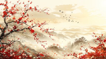 a painting of a tree with red leaves in the foreground and birds flying in the sky in the background.