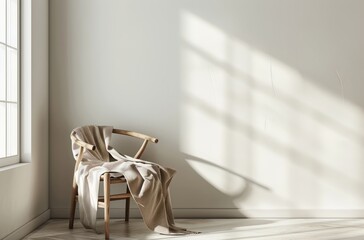 Minimalist plain white wall with a wooden chair and blanket, sunlight streaming through the window