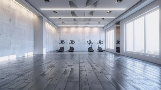 Frontal view of a modern fitness room with empty walls