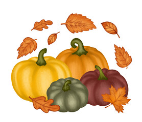 Autumn leaves and pumpkins seasonal fall composition card