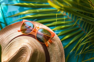 Tropical Chic: Sunglasses, Hat, and Palm Leaves on Table