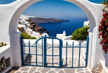 view of arched gate with a view to the sea beach living santorini island style - obrazy, fototapety, plakaty