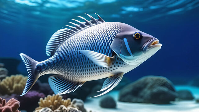 Beautiful tropical fish. underwater scene with coral reefs and sun beams