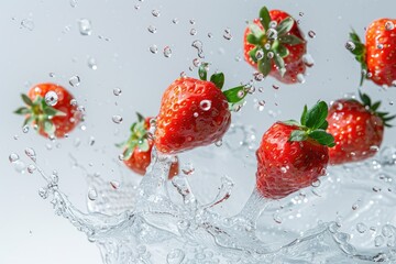 Strawberries in water splash on a white background. Fresh fruits.