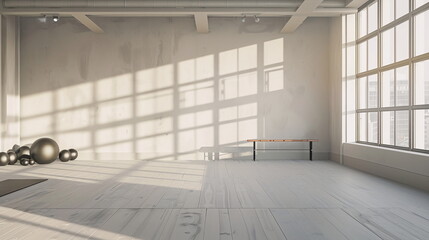 Frontal view of a modern fitness room with empty walls