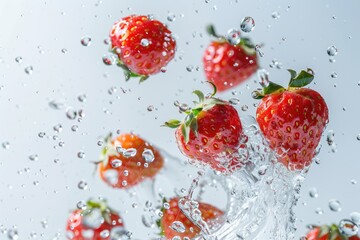 Strawberries falling into water with a splash on a white background