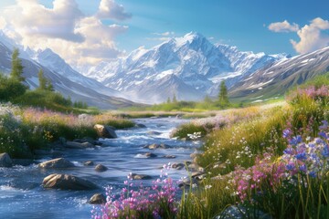 Vibrant wildflowers and a mountain stream with snowy peaks in the background. Resplendent.