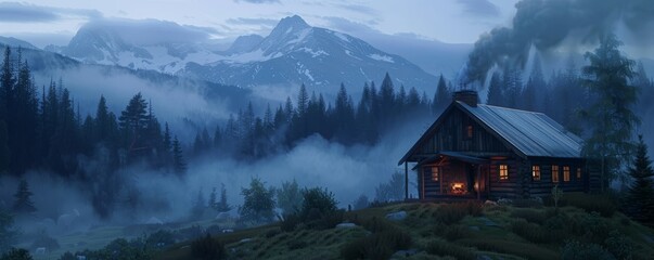 Secluded log cabin with a lit fireplace amidst forested mountains, enveloped in mist. - obrazy, fototapety, plakaty