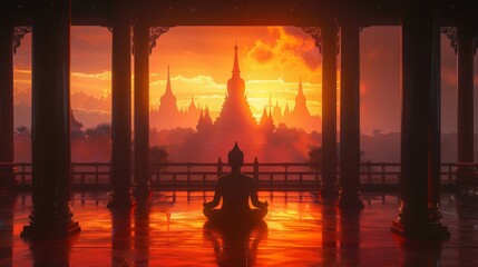 Silhouette of a meditating figure against a backdrop of a temple silhouette at sunrise.