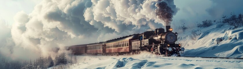Vintage steam locomotive chugging through a snowy landscape with billowing clouds of steam. - obrazy, fototapety, plakaty
