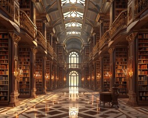 Naklejka na ściany i meble Grand library hall with ornate bookshelves, arched windows, and a checkered floor bathed in warm light.