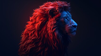 a close up of a lion's head with red and blue light coming out of it's eyes.