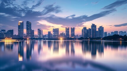 Skyline of modern skyscrapers in a city during sunset with reflection on water. - obrazy, fototapety, plakaty