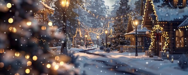 Quaint winter village scene with snow-covered houses and festive Christmas lights.