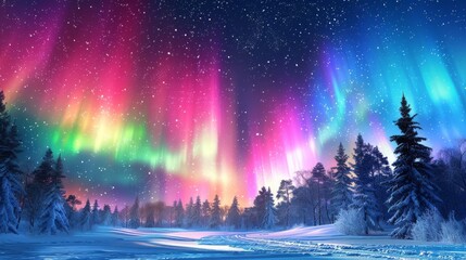 Vibrant aurora borealis display over a snowy winter landscape with pine trees and a starry night sky. - obrazy, fototapety, plakaty