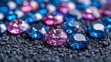 a group of different colored diamonds sitting on top of a black piece of cloth next to a pile of other colored diamonds. - obrazy, fototapety, plakaty