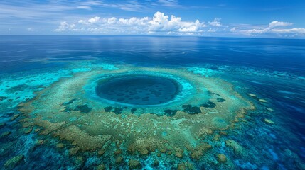 Obraz premium Aerial view of a large circular coral formation in the blue ocean, known as the Great Blue Hole.
