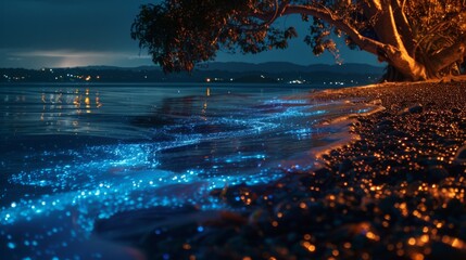 Bioluminescent tide on a beach at night with glowing blue light in the water under a tree.