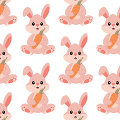 Easter Bunny. Pink cute bunny with carrots in flat style. Children's pattern with pink bunny. Seamless pattern for textile, wrapping paper, background.