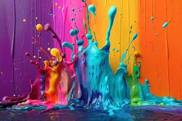 Poster A colorful splash of paint on a wall, with a rainbow of colors and a splash of blue. colorful background with paint splashes © Nataliia_Trushchenko