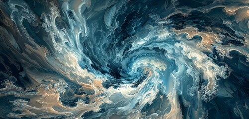 A painting featuring a swirling pattern in shades of blue and white.