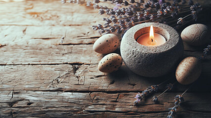 Stone candle holder with tea light on aged wood background, lavender twigs, Easter, peace and...