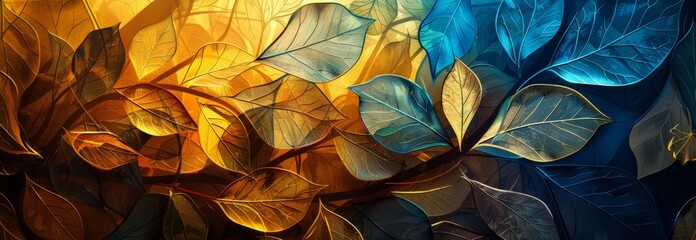 A painting featuring detailed leaves set against a vibrant blue and yellow background, creating a striking visual contrast.