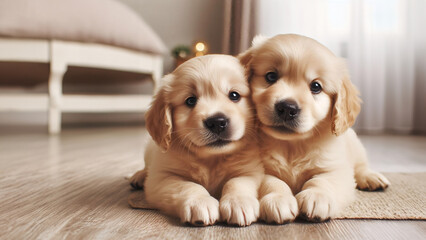Two adorable puppies sit side by side on a paved pathway, their faces playfully obscured by beige censor bars