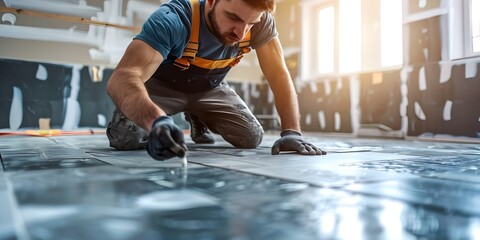 Skilled man installing floor tiles in a new home with precision. Concept Home Renovation, Precision Work, Skilled Tradesman, Flooring Installation, New Home - obrazy, fototapety, plakaty