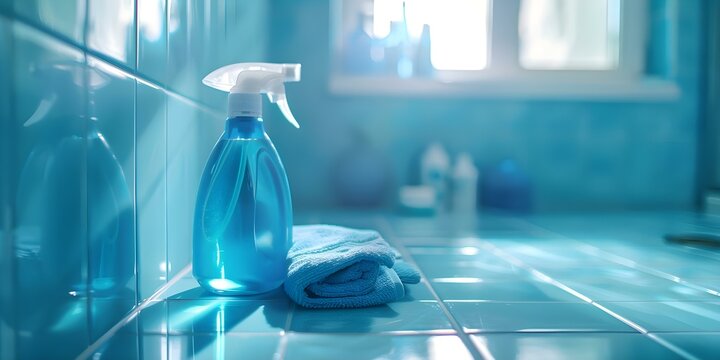 Cleaning spray tackles bathroom grime for spotless gleaming results hygiene sorted centered professional photo copy space. Concept Cleaning Supplies, Bathroom Hygiene, Sparkling Clean