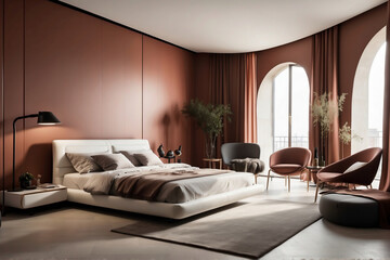 Modernes Schlafzimmer mit italienischem Design in warmen Farbtönen – Eleganz und Komfort - obrazy, fototapety, plakaty