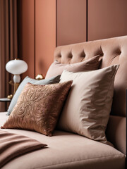 Luxuriöses Schlafzimmerdetail mit edlen Kissen und italienischem Charme - obrazy, fototapety, plakaty