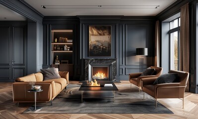 Modern interior design, accentual, subtle living room with fireplace