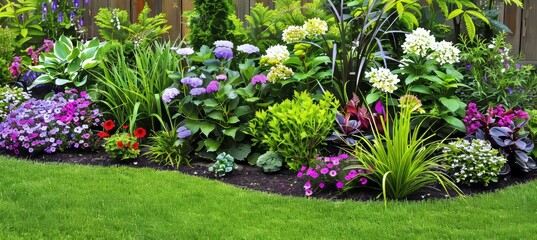 Vibrant blooms  beautiful flower garden with lush greenery, ideal for text placement