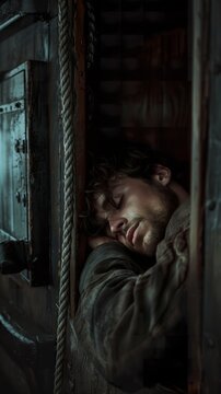 Close-up visual representation of a sleeping Jonas in a ship's compartment. Jonah sleeping peacefully during the events in the biblical narrative.