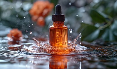 Bottle with liquid on a blurred background.