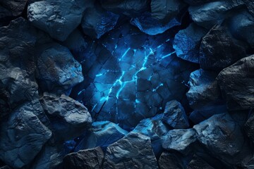A blue light emanates from the center of a group of rocks, creating an intriguing visual contrast. - obrazy, fototapety, plakaty