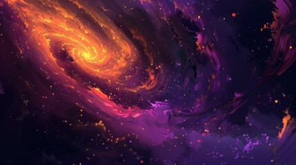 Abstract digital art depicting a swirling galaxy with warm orange and cool purple hues against a...
