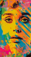 Vibrant pop art portrait with colorful paint splashes and drips on a woman's face.