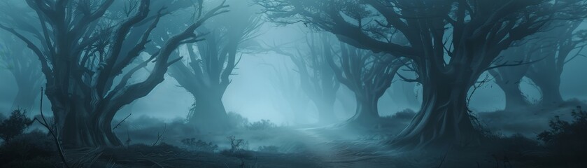 Eerie forest scene with mist and gnarled trees creating a mysterious atmosphere.