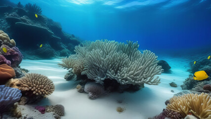 Naklejka na ściany i meble Underwater Scene - Tropical Seabed With Reef And Sunshine. Tropical blue ocean with white sand and stones underwater. Tranquil underwater scene with copy space