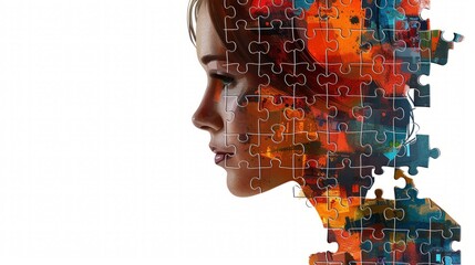 Emotional intelligence and communication skills concept. Woman head silhouette with jigsaw puzzle pieces. - obrazy, fototapety, plakaty