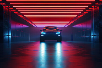 Hall with neon light show silhouette car for new arrival car display