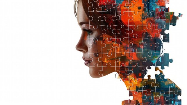 Emotional intelligence and communication skills concept. Woman head silhouette with jigsaw puzzle pieces.