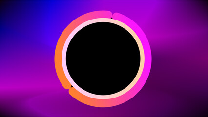 Black circle frame with orange and pink outlines over colorful blend of colors