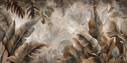 3D wallpaper, banana leaves in the jungle, brown and gray tones, detailed foliage in the background. AI generated illustration