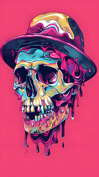 Skull wearing hat and colorful paint illustration on pink background
