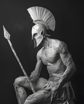 Spartan warrior with spear and helmet isolated on dark