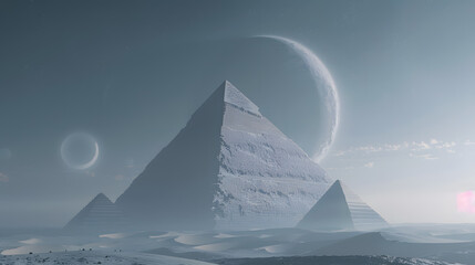 Pyramids in the desert in front of the moon